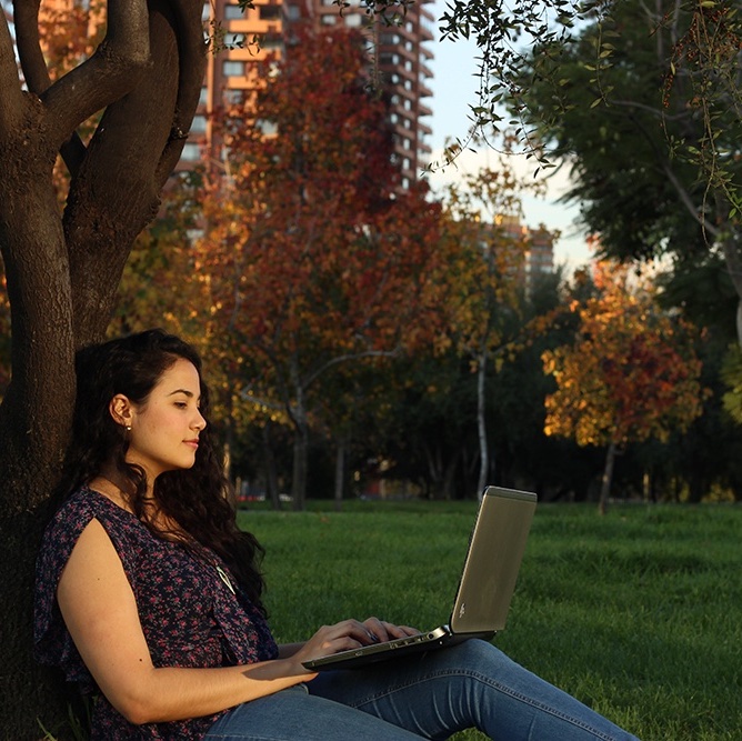 mujer sentada junto a un árbol en un parque con una computadora en las piernas en el atardecer