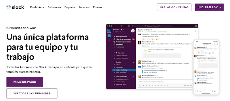 Captura de pantalla de la página web de Slack
