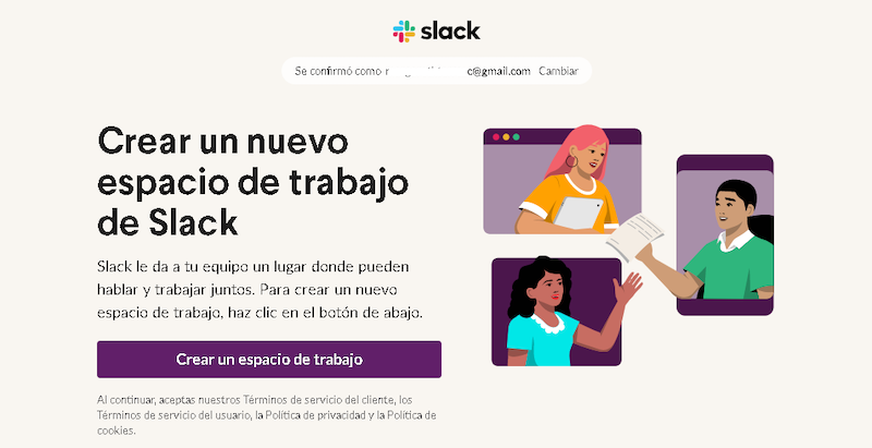 Captura de pantalla de la web de Slack respecto al espacio de trabajo