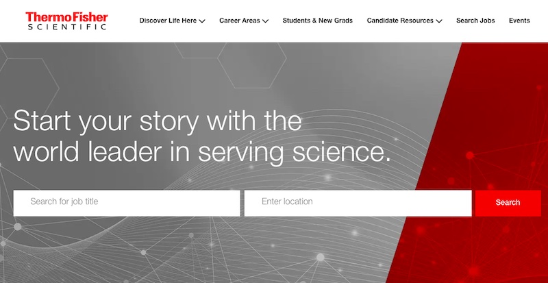 Captura de pantalla de la página de búsqueda de ofertas laborales de la empresa internacional Thermo Fisher