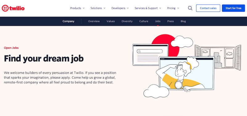 Captura de pantalla de la página de ofertas de trabajo de Twilio