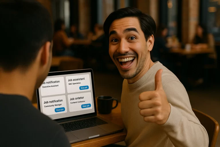 Un hombre sentado en un cafe, en una mesa volteando hacia la camara, en la pantalla de su laptop se aprecian ofertas de trabajo